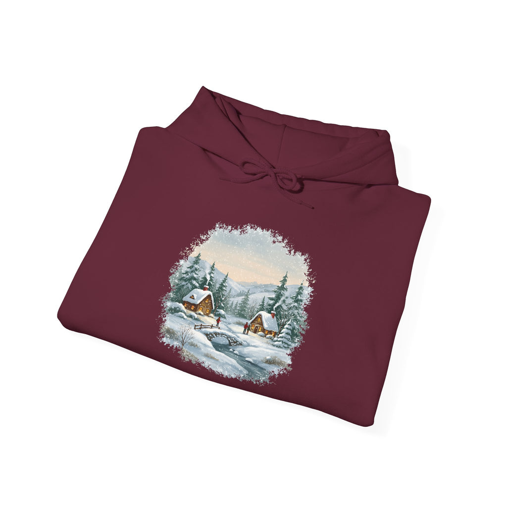Winter Wonderland Snowy Cabin Hoodie, folded