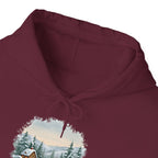 Winter Wonderland Snowy Cabin Hoodie, front collar close-up