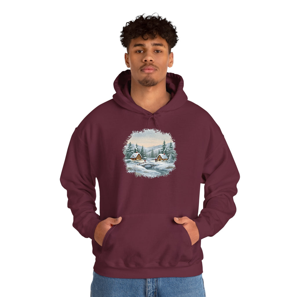 Model wearing the maroon Winter Wonderland Snowy Cabin Hoodie