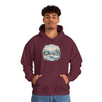 Model wearing the maroon Winter Wonderland Snowy Cabin Hoodie