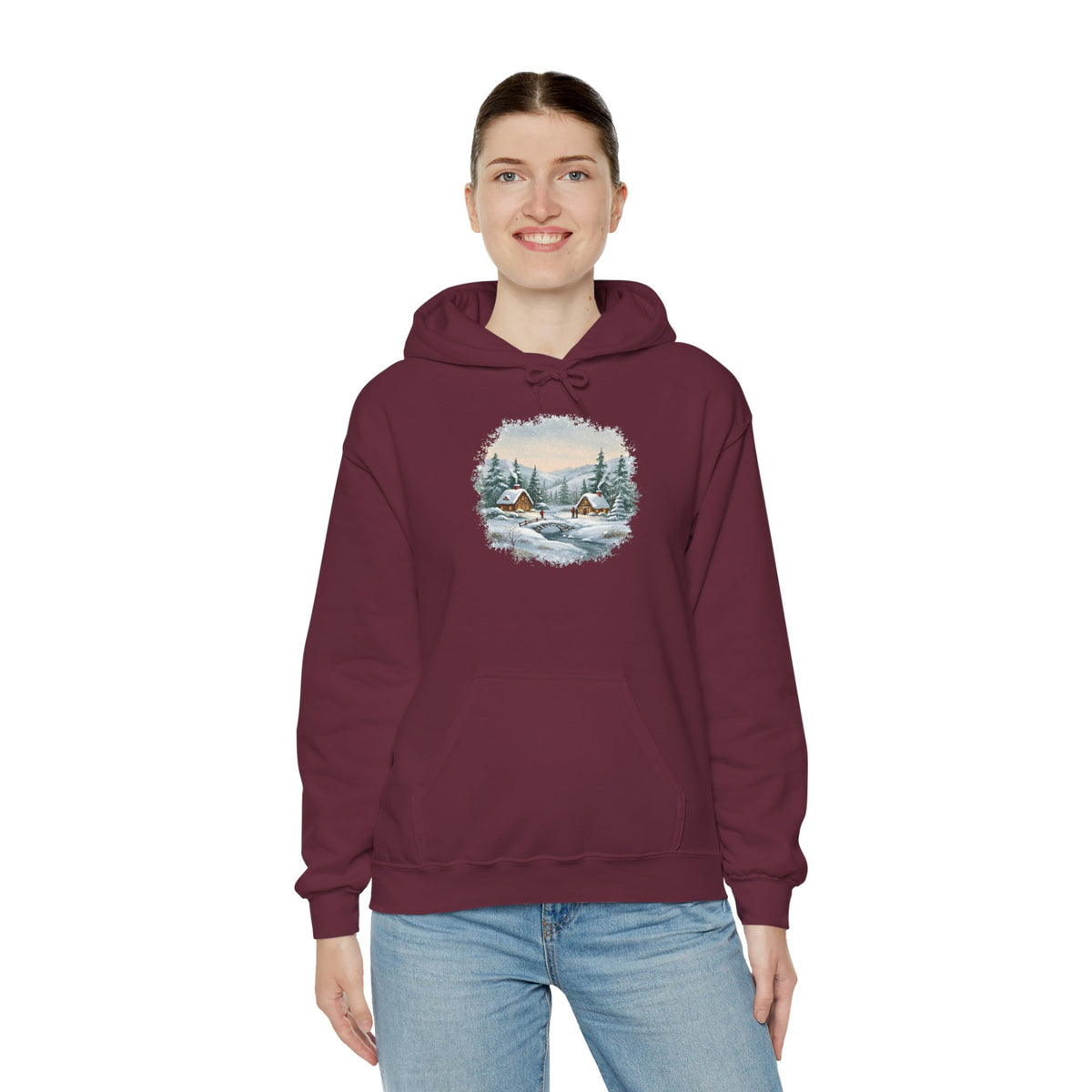 Model wearing the maroon Winter Wonderland Snowy Cabin Hoodie