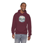 Model wearing the maroon Winter Wonderland Snowy Cabin Hoodie