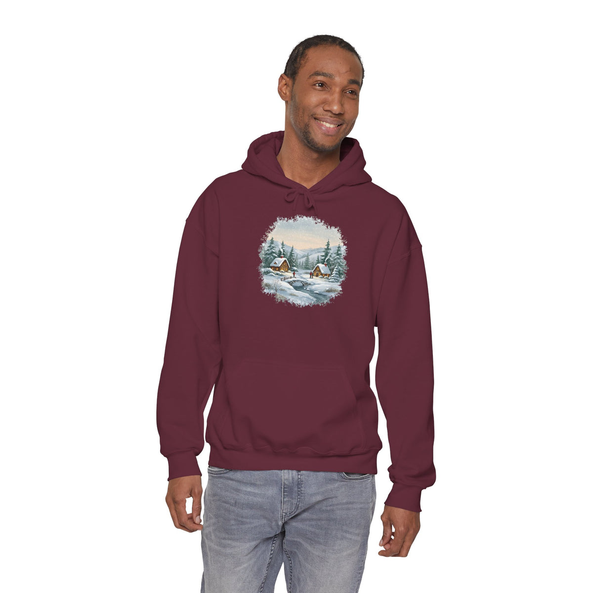 Model wearing the maroon Winter Wonderland Snowy Cabin Hoodie