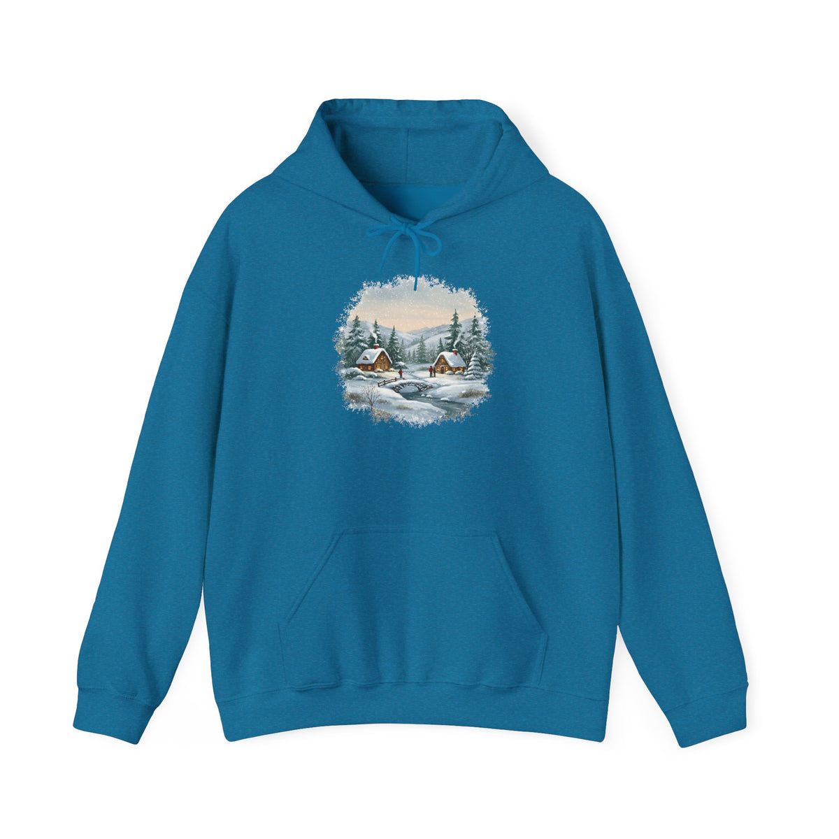 Antique Sapphire Winter Wonderland hoodie with a watercolor snowy cabin scene, pine trees and a frozen creek, front view
