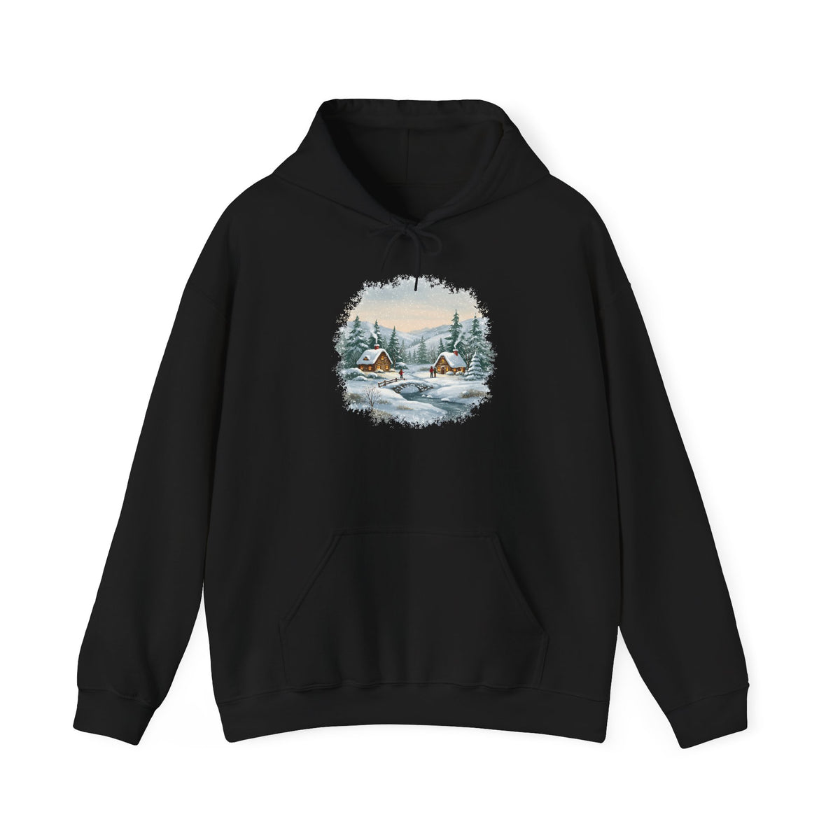 Black Winter Wonderland hoodie with a watercolor snowy cabin scene, pine trees and a frozen creek, front view