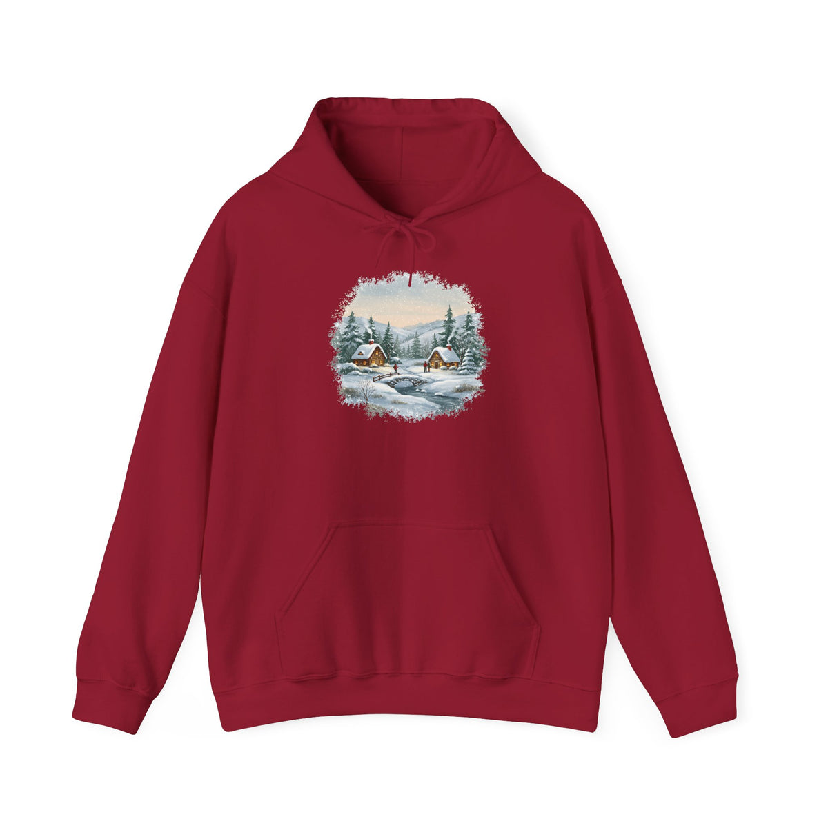 Cardinal Red Winter Wonderland hoodie with a watercolor snowy cabin scene, pine trees and a frozen creek, front view
