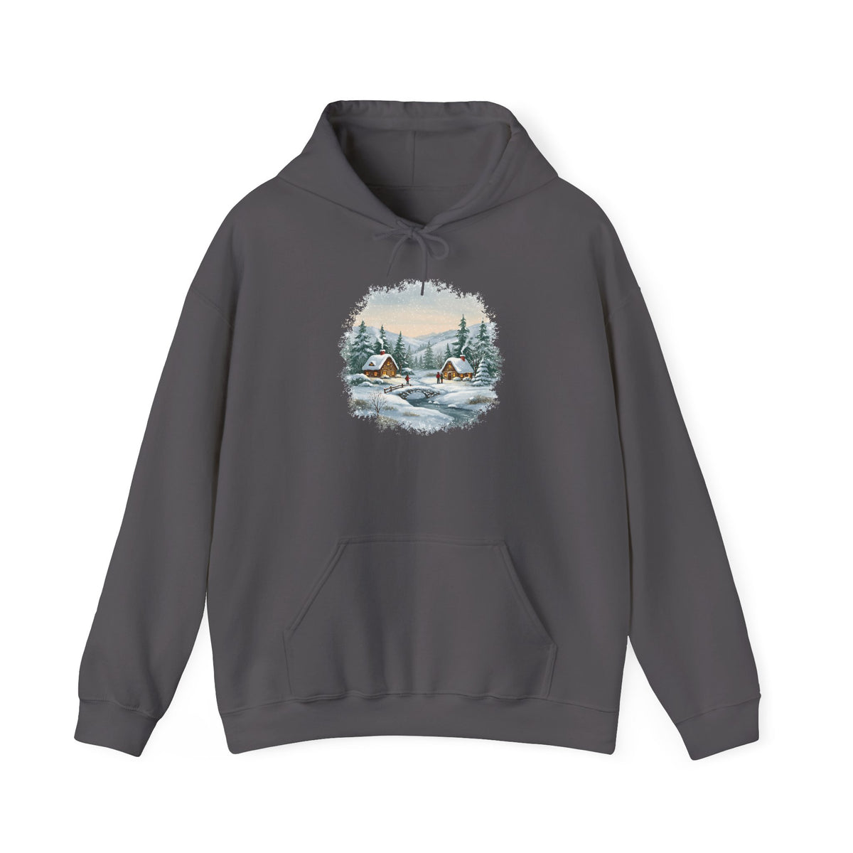 Charcoal Winter Wonderland hoodie with a watercolor snowy cabin scene, pine trees and a frozen creek, front view