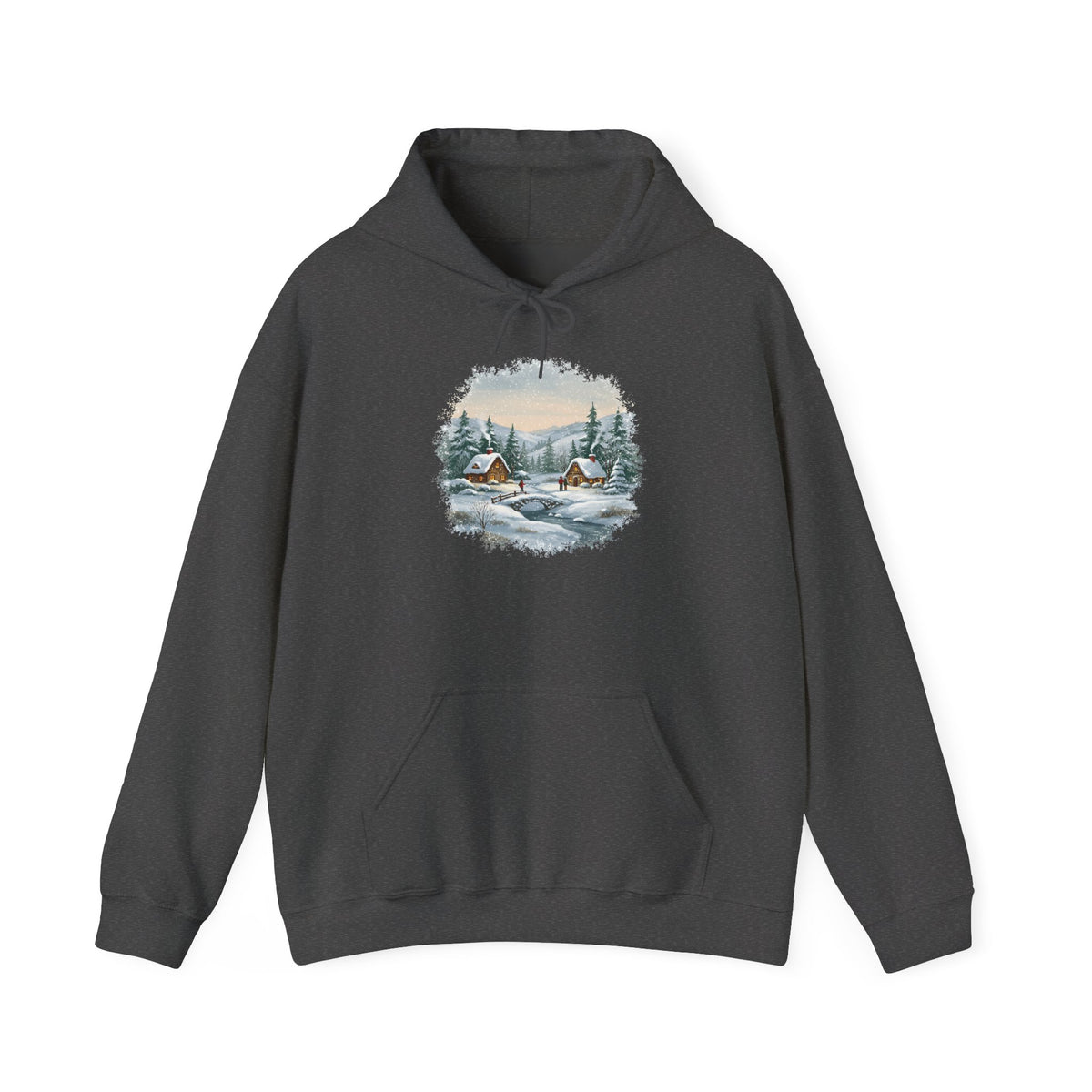 Dark Heather Winter Wonderland hoodie with a watercolor snowy cabin scene, pine trees and a frozen creek, front view