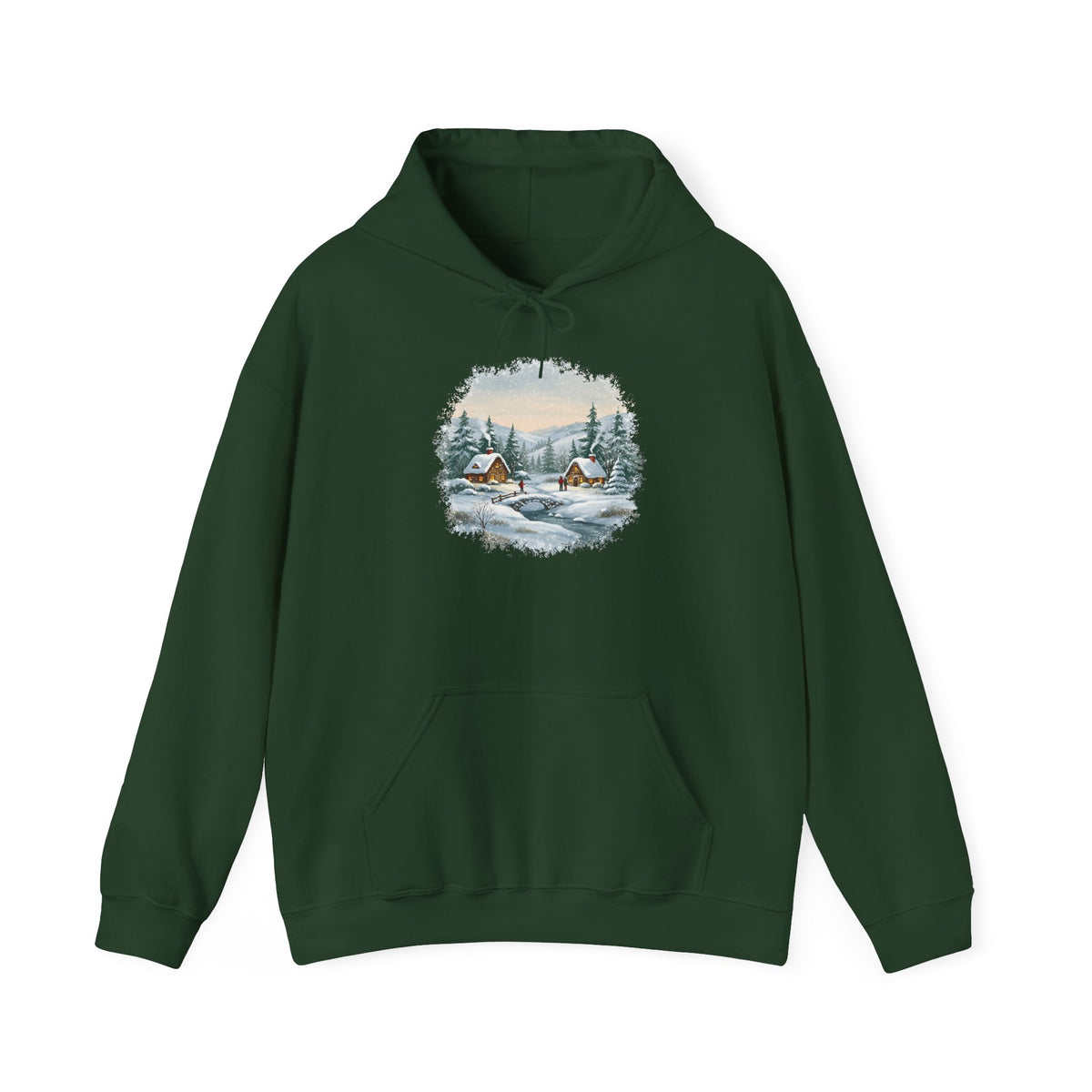 Forest Green Winter Wonderland hoodie with a watercolor snowy cabin scene, pine trees and a frozen creek, front view
