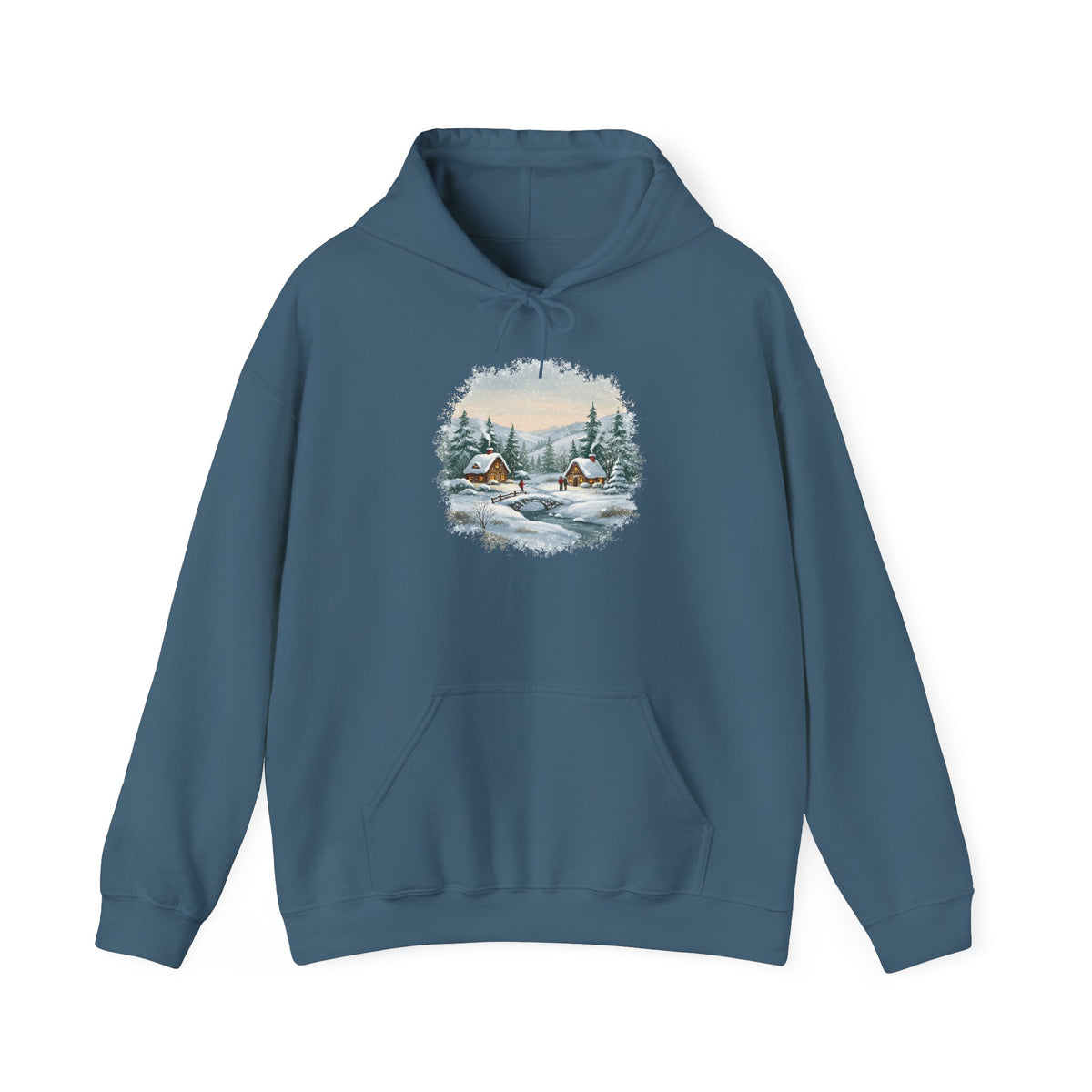 Indigo Blue Winter Wonderland hoodie with a watercolor snowy cabin scene, pine trees and a frozen creek, front view