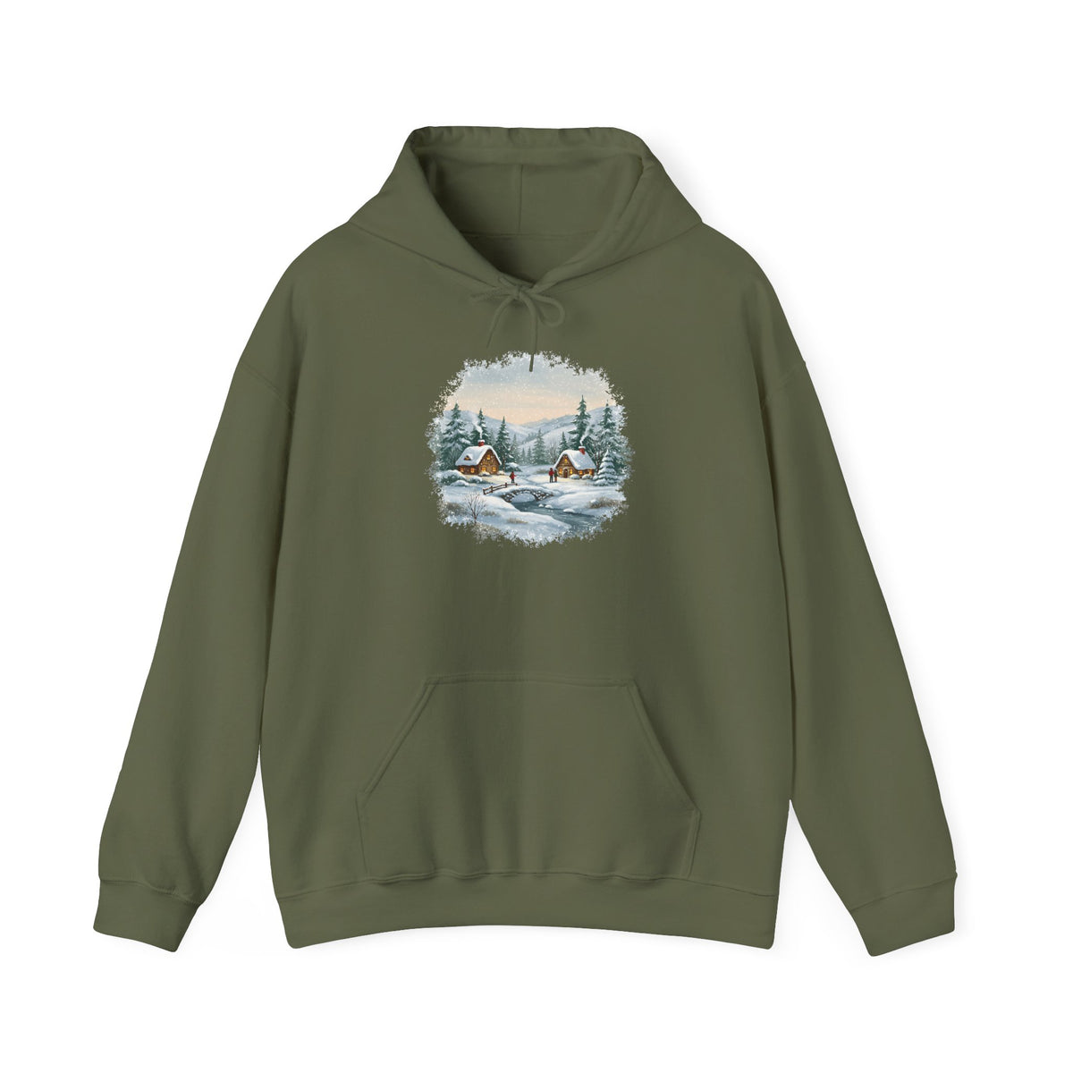 Military Green Winter Wonderland hoodie with a watercolor snowy cabin scene, pine trees and a frozen creek, front view