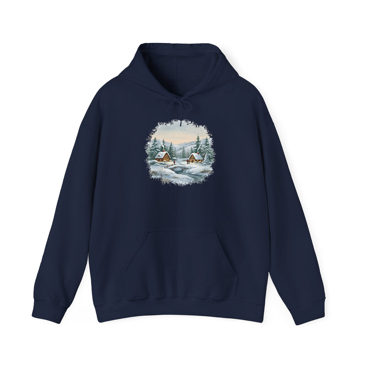 Navy Winter Wonderland hoodie with a watercolor snowy cabin scene, pine trees and a frozen creek, front view