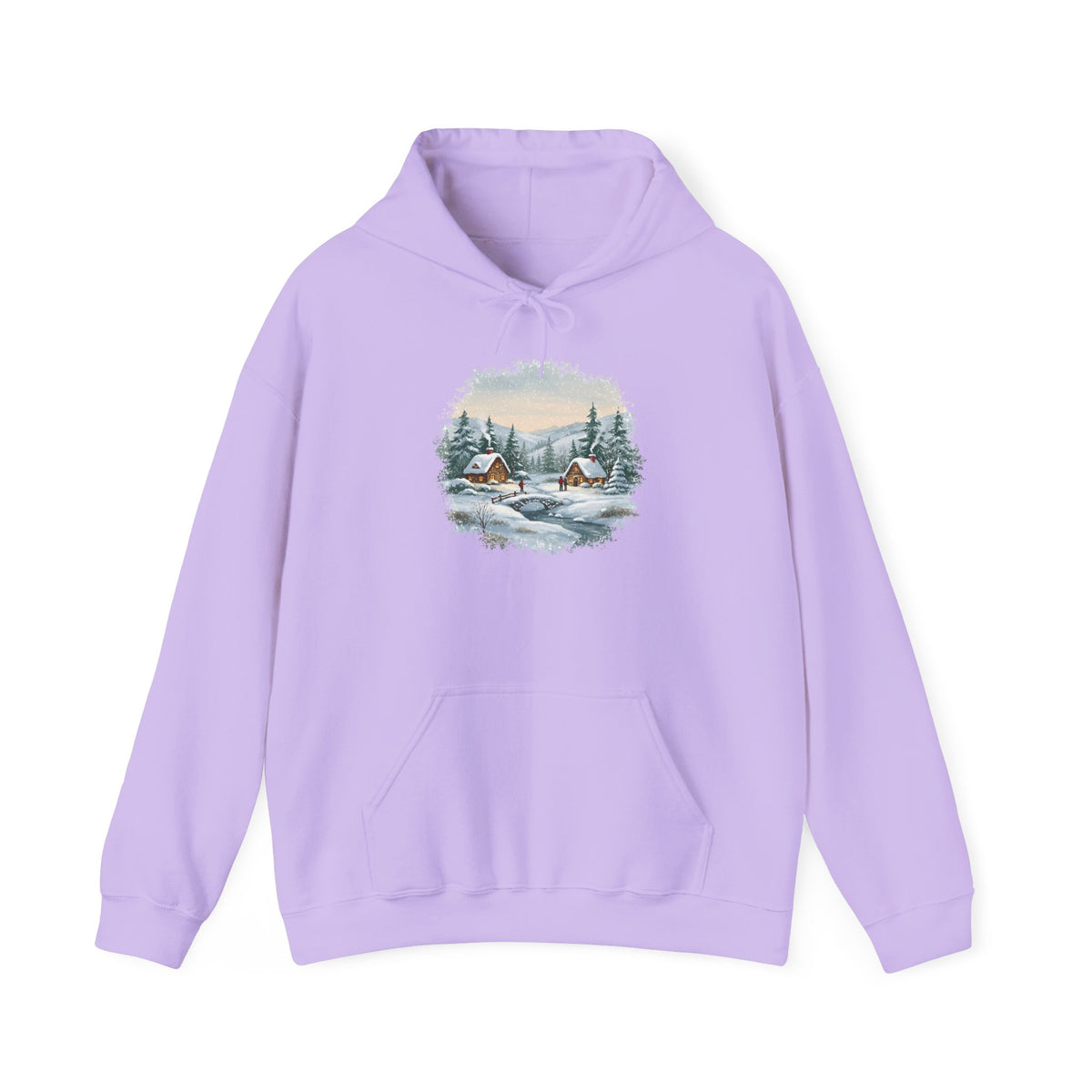 Orchid Winter Wonderland hoodie with a watercolor snowy cabin scene, pine trees and a frozen creek, front view