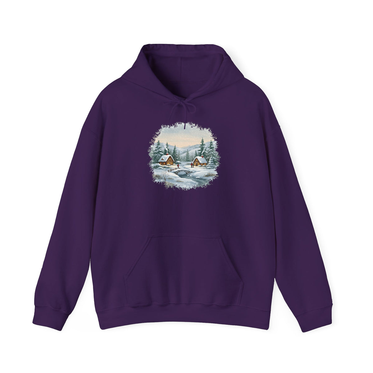 Purple Winter Wonderland hoodie with a watercolor snowy cabin scene, pine trees and a frozen creek, front view
