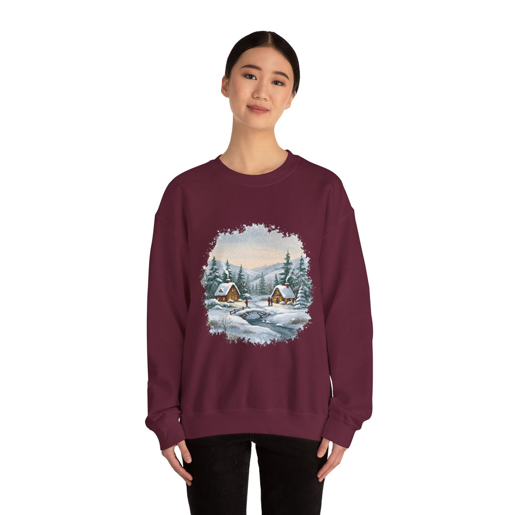 Model wearing the maroon Winter Wonderland Snowy Cabin Sweatshirt