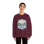 Model wearing the maroon Winter Wonderland Snowy Cabin Sweatshirt