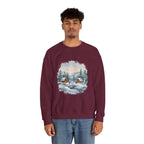 Model wearing the maroon Winter Wonderland Snowy Cabin Sweatshirt
