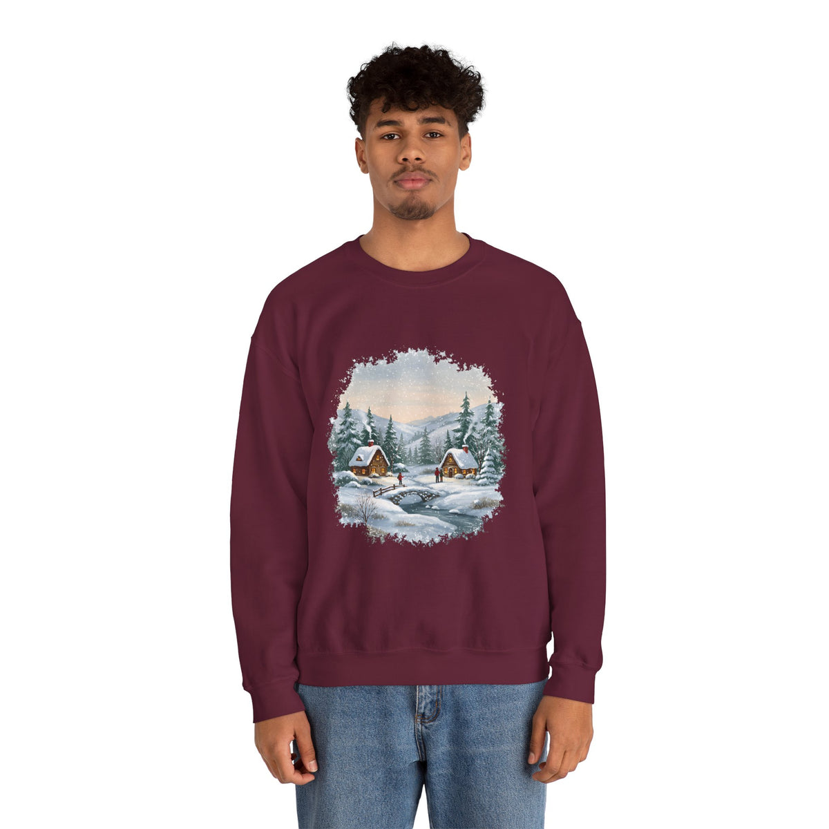 Model wearing the maroon Winter Wonderland Snowy Cabin Sweatshirt