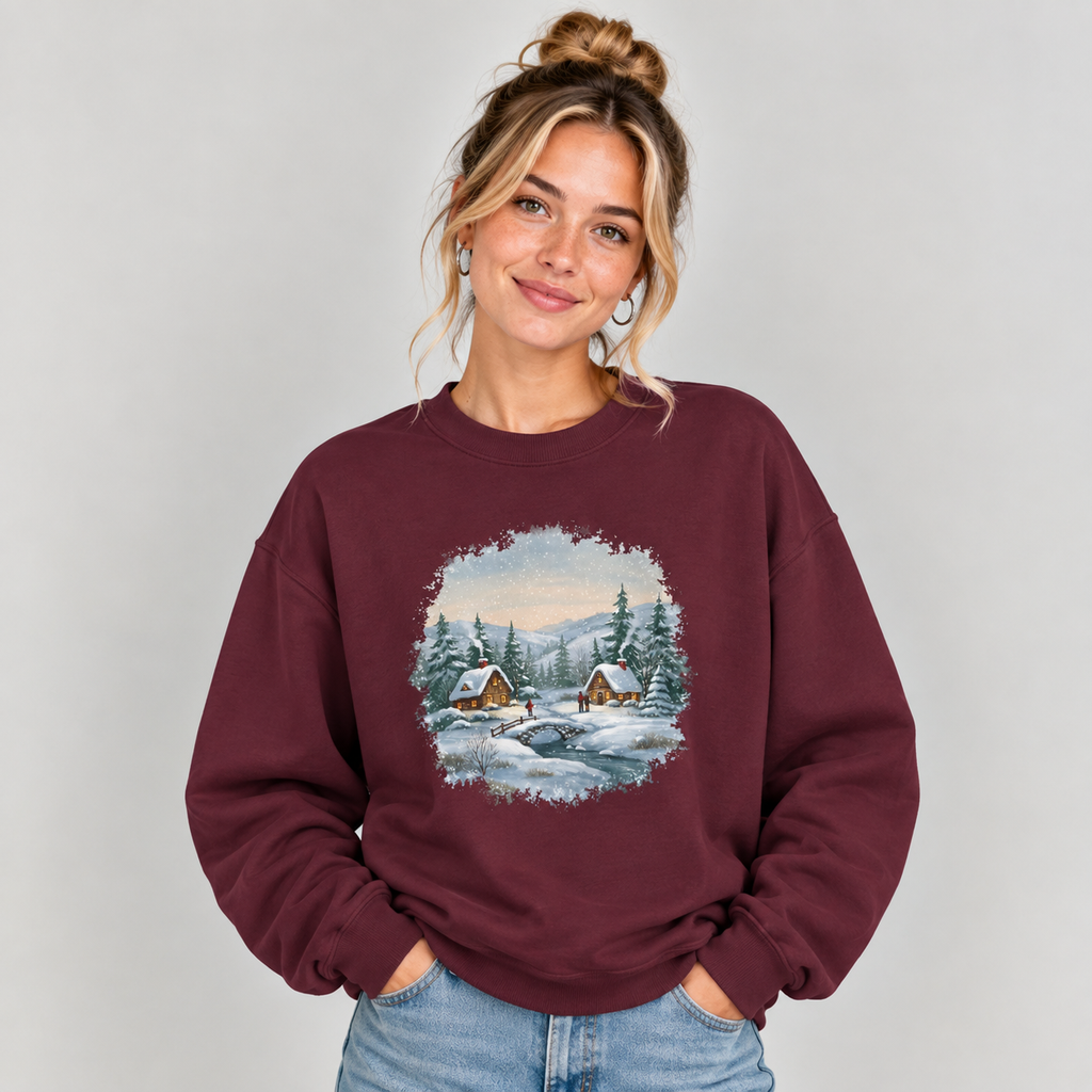 Woman wearing the Maroon Winter Wonderland Snowy Cabin Sweatshirt with jeans