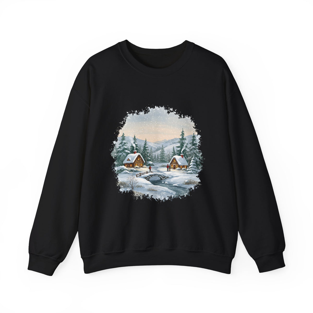 Black Winter Wonderland sweatshirt with a watercolor snowy cabin scene, pine trees and a frozen creek, front view