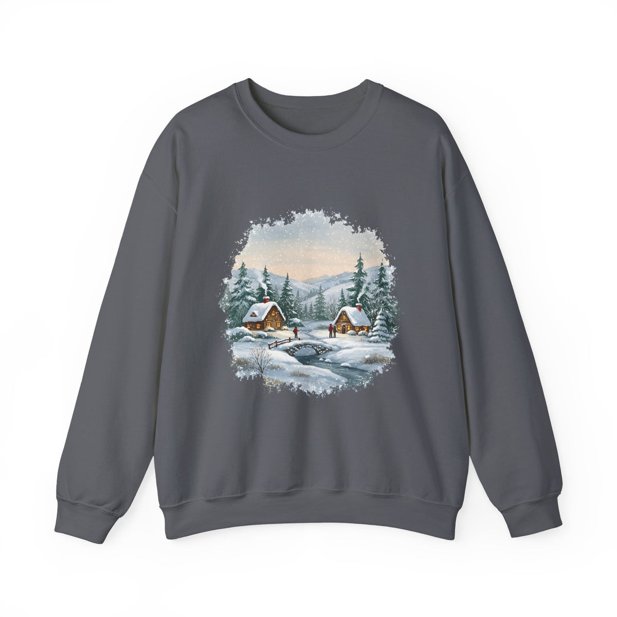 Charcoal Winter Wonderland sweatshirt with a watercolor snowy cabin scene, pine trees and a frozen creek, front view