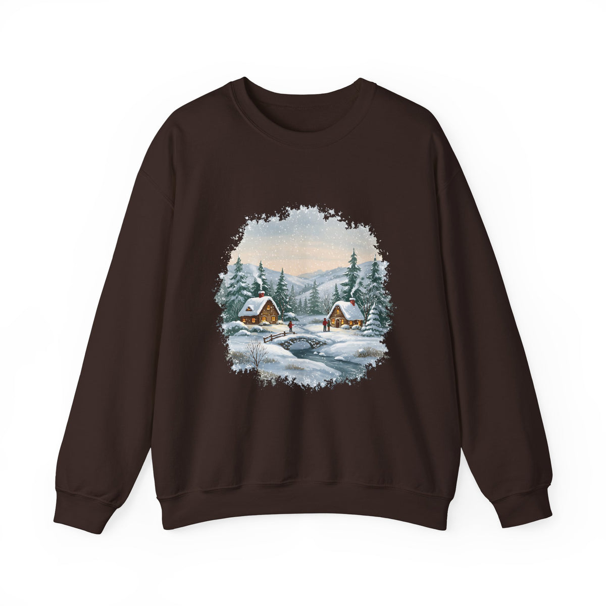 Dark Chocolate Winter Wonderland sweatshirt with a watercolor snowy cabin scene, pine trees and a frozen creek, front view