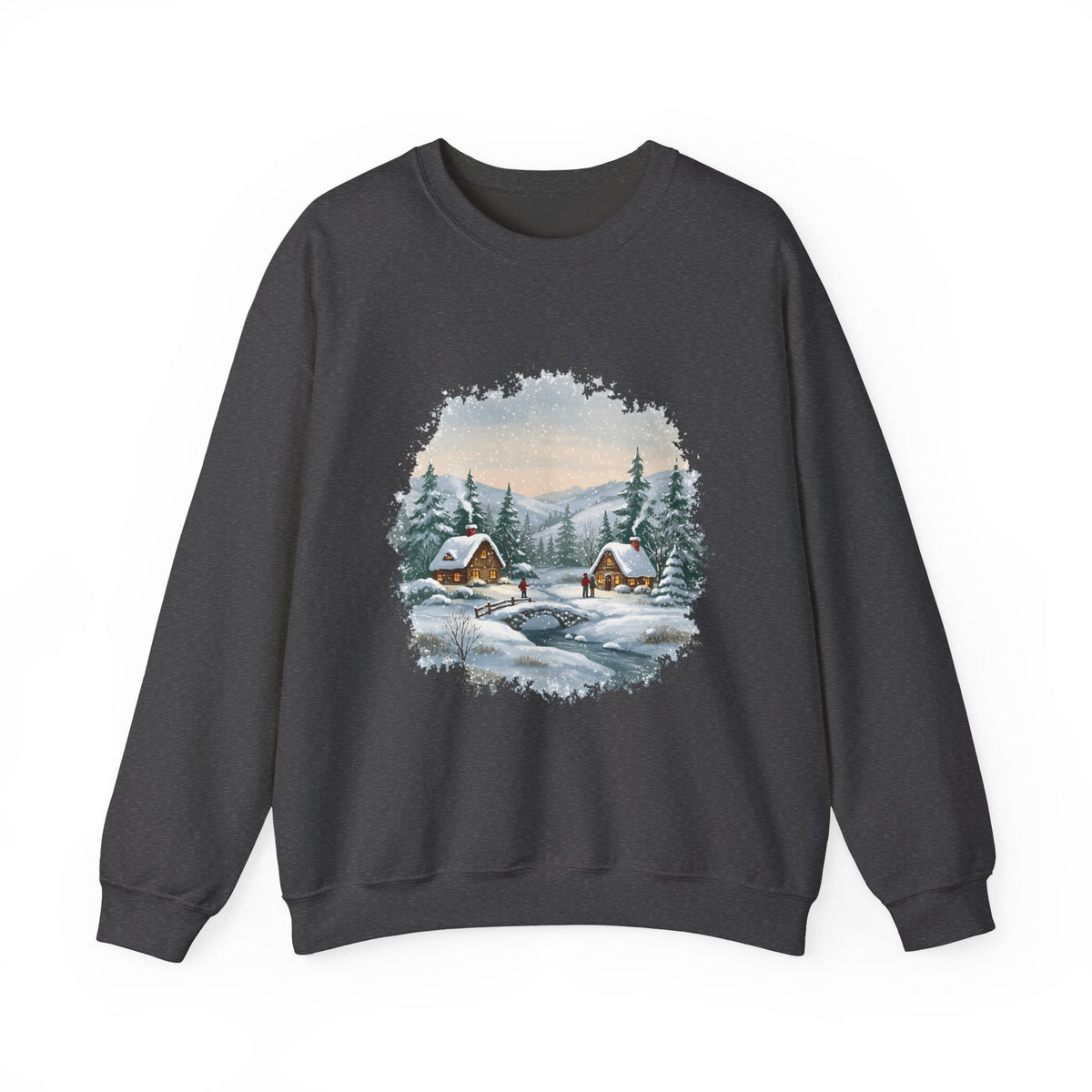 Dark Heather Winter Wonderland sweatshirt with a watercolor snowy cabin scene, pine trees and a frozen creek, front view