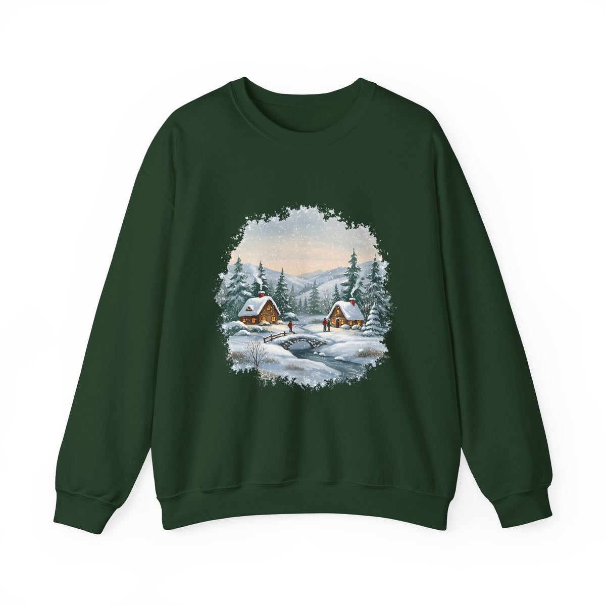 Forest Green Winter Wonderland sweatshirt with a watercolor snowy cabin scene, pine trees and a frozen creek, front view