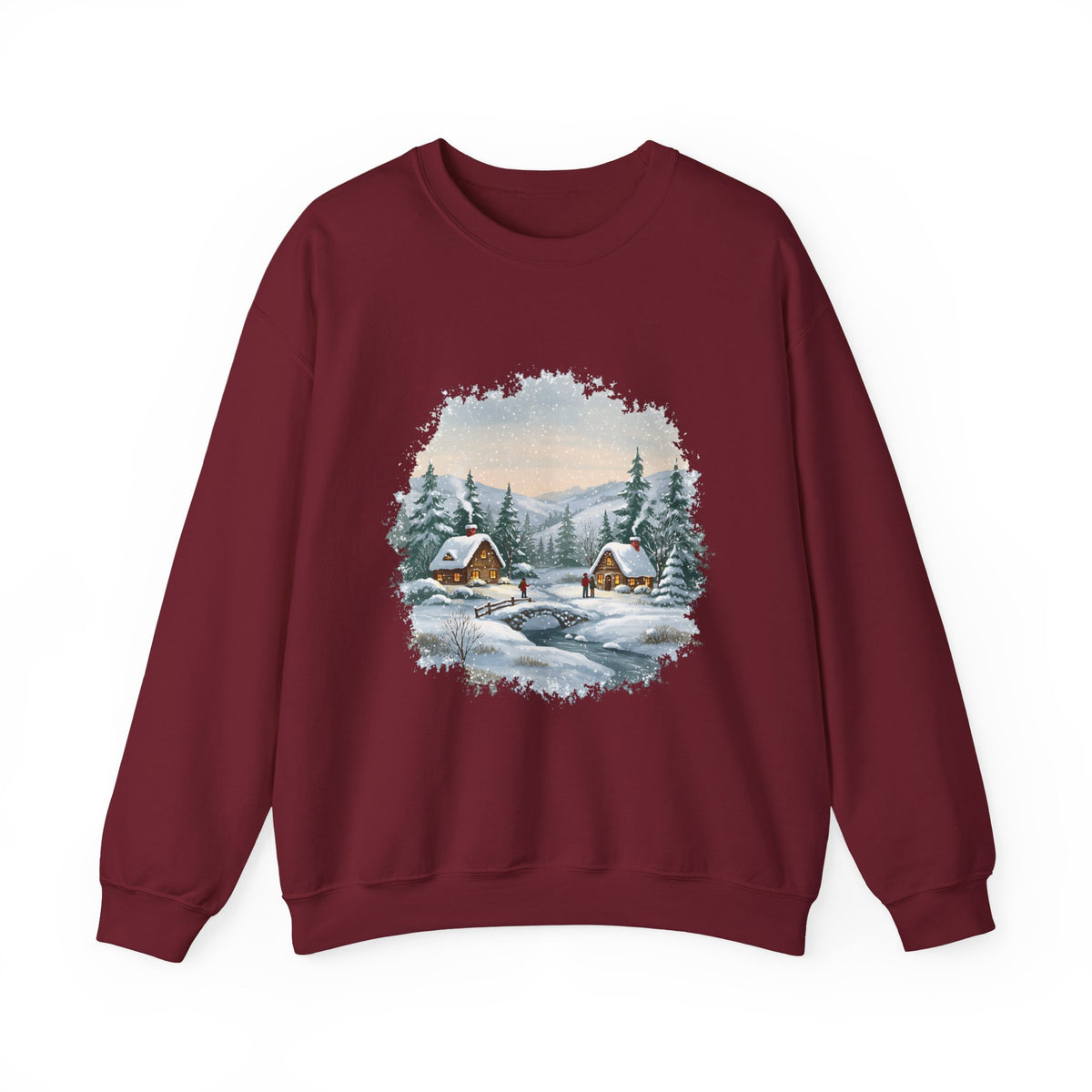 Garnet Winter Wonderland sweatshirt with a watercolor snowy cabin scene, pine trees and a frozen creek, front view