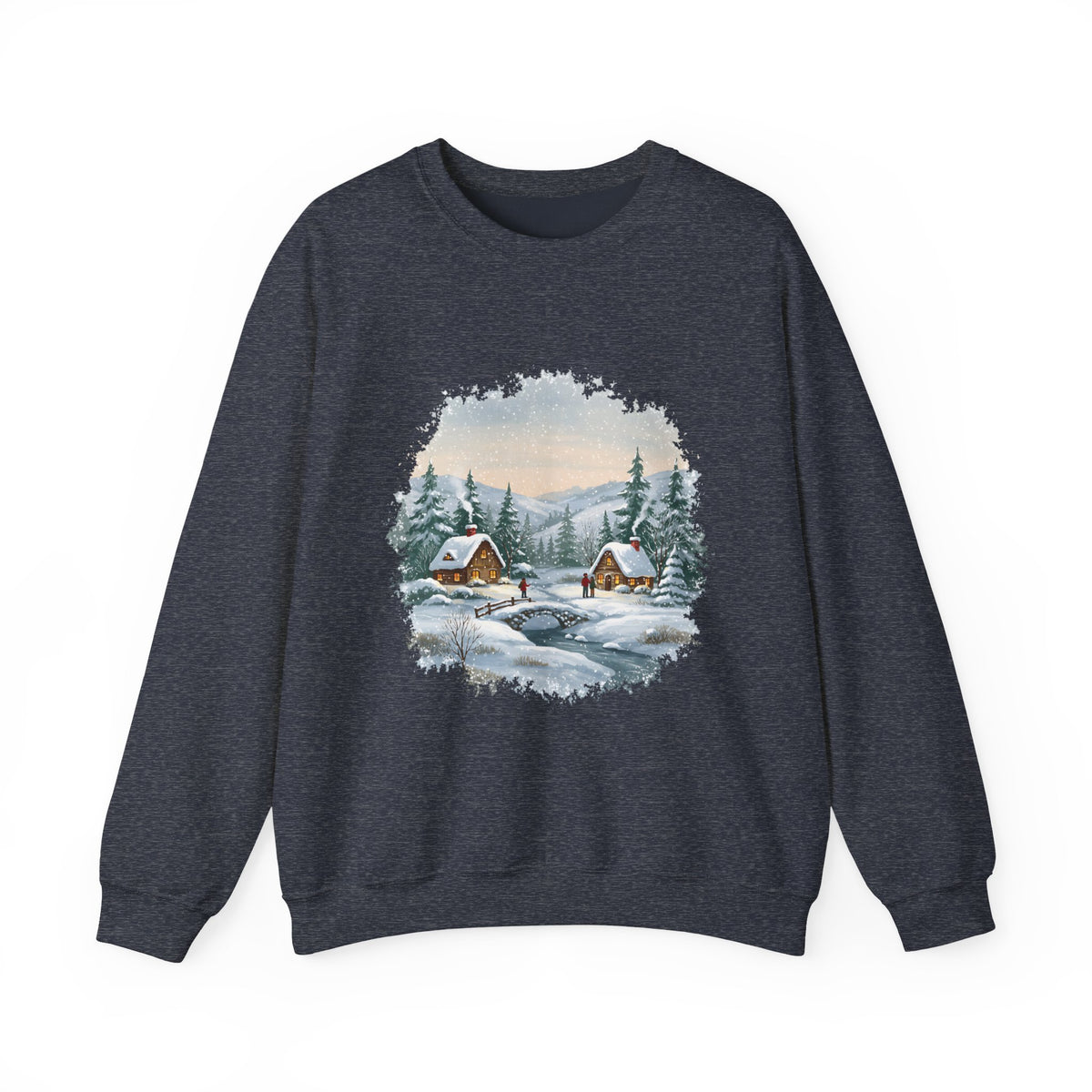 Heather Sport Dark Navy Winter Wonderland sweatshirt with a watercolor snowy cabin scene, pine trees and a frozen creek, front view