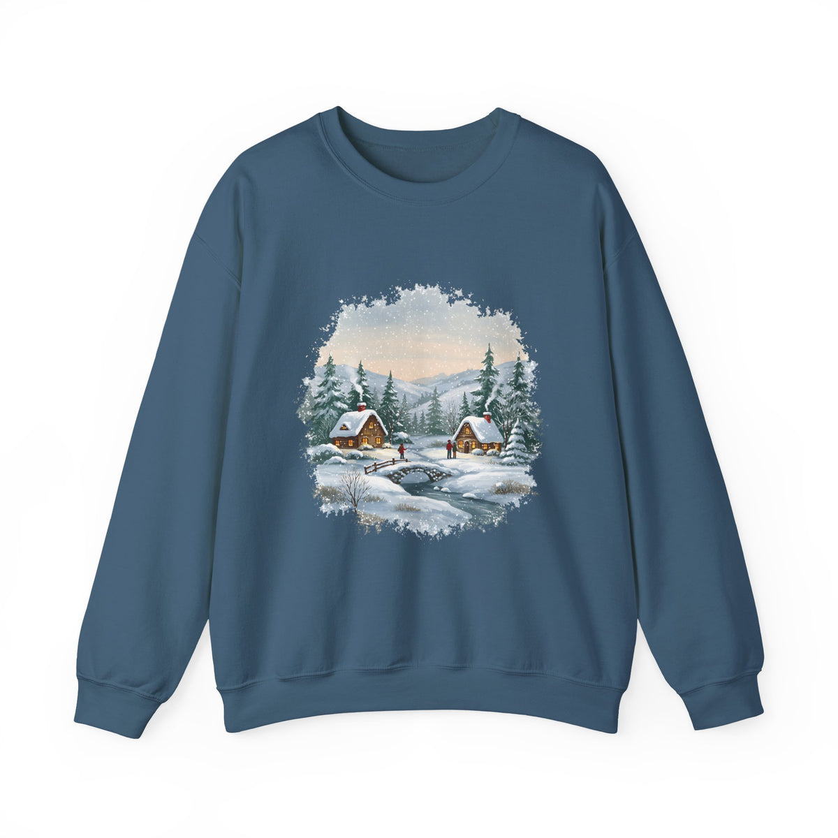 Indigo Blue Winter Wonderland sweatshirt with a watercolor snowy cabin scene, pine trees and a frozen creek, front view