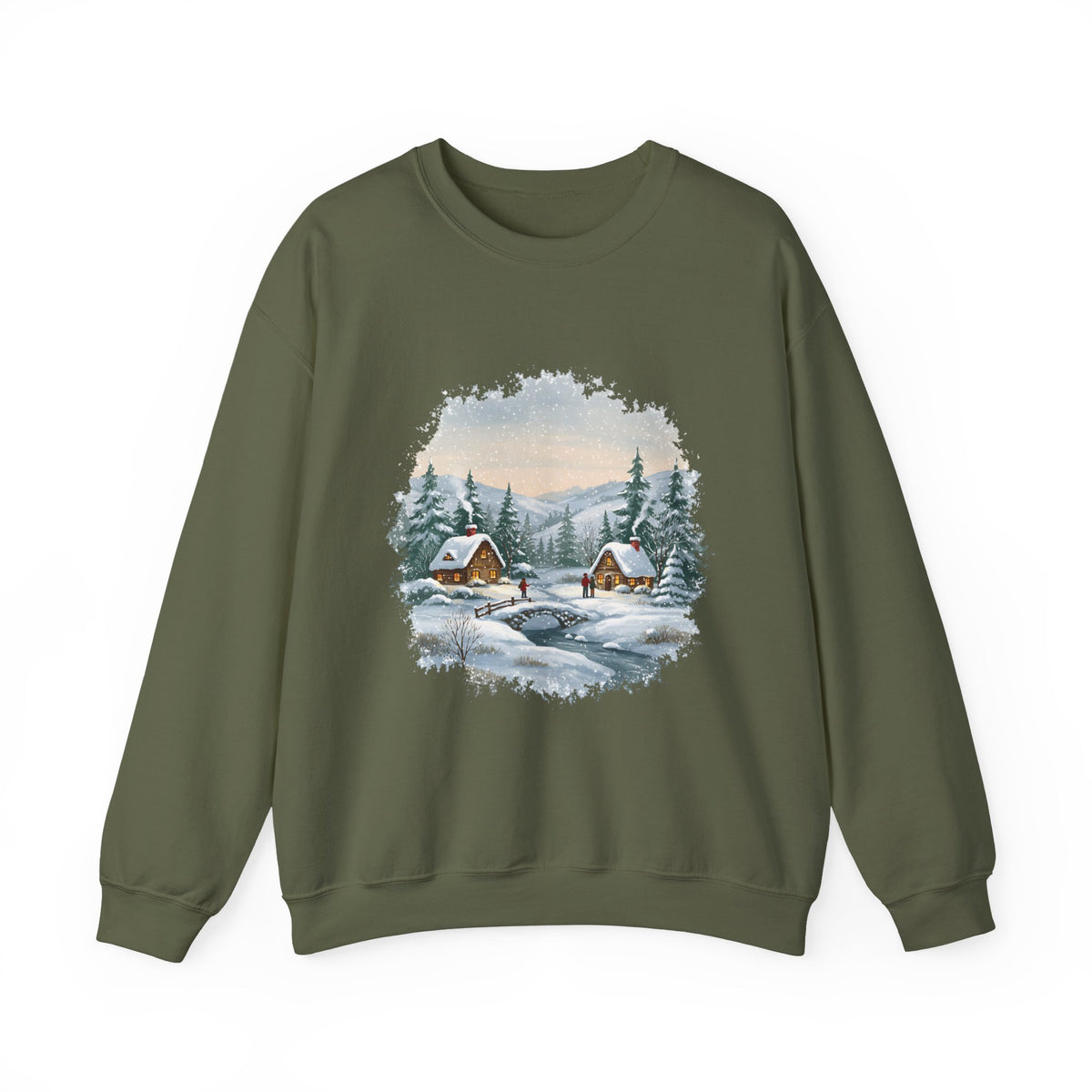 Military Green Winter Wonderland sweatshirt with a watercolor snowy cabin scene, pine trees and a frozen creek, front view