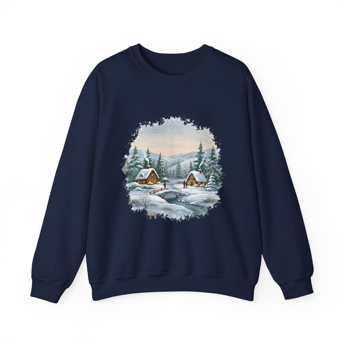 Navy Winter Wonderland sweatshirt with a watercolor snowy cabin scene, pine trees and a frozen creek, front view