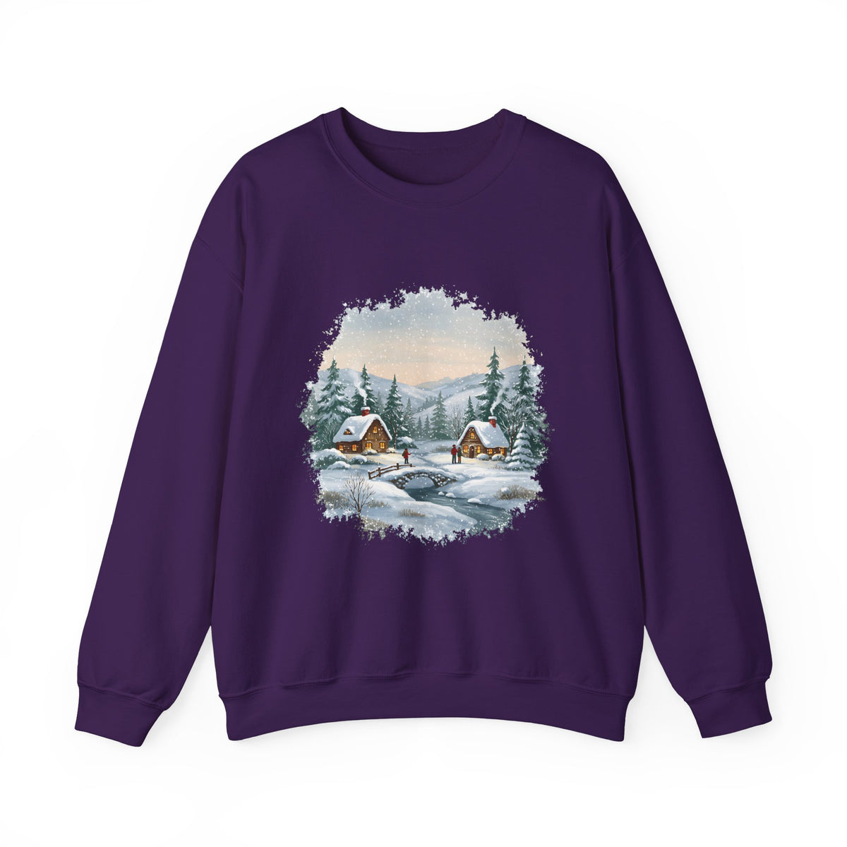 Purple Winter Wonderland sweatshirt with a watercolor snowy cabin scene, pine trees and a frozen creek, front view