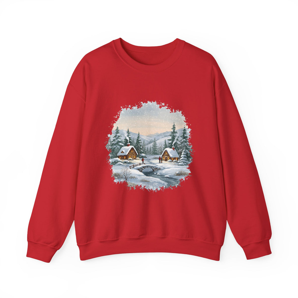 Red Winter Wonderland sweatshirt with a watercolor snowy cabin scene, pine trees and a frozen creek, front view