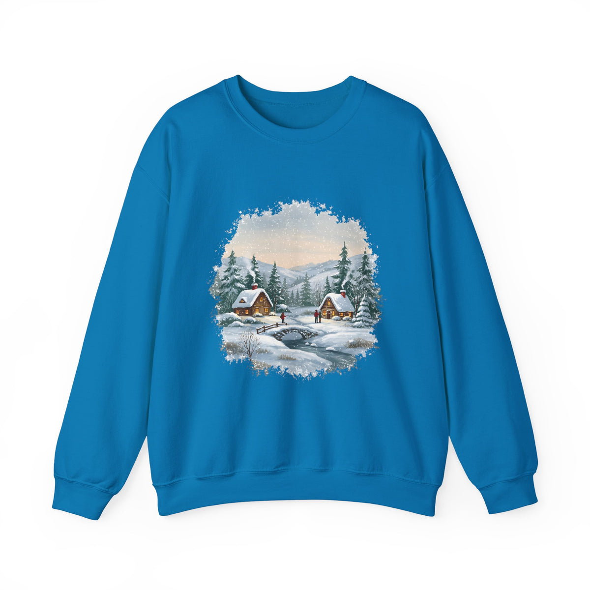 Sapphire Winter Wonderland sweatshirt with a watercolor snowy cabin scene, pine trees and a frozen creek, front view