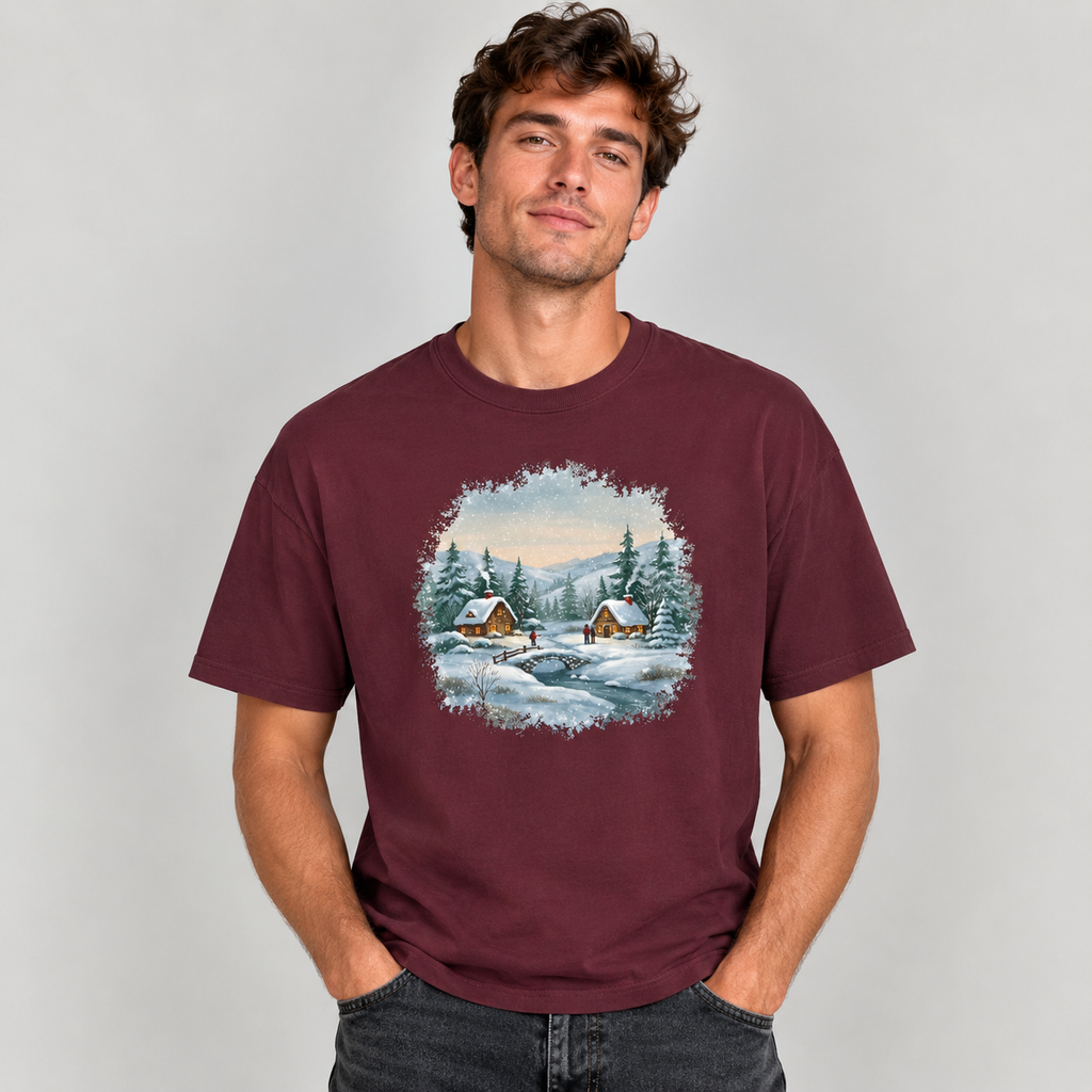 Man wearing the Maroon Winter Wonderland Snowy Cabin T-Shirt