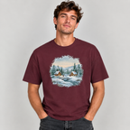 Man wearing the Maroon Winter Wonderland Snowy Cabin T-Shirt