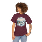Model wearing the maroon Winter Wonderland Snowy Cabin T-Shirt