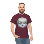 Model wearing the maroon Winter Wonderland Snowy Cabin T-Shirt