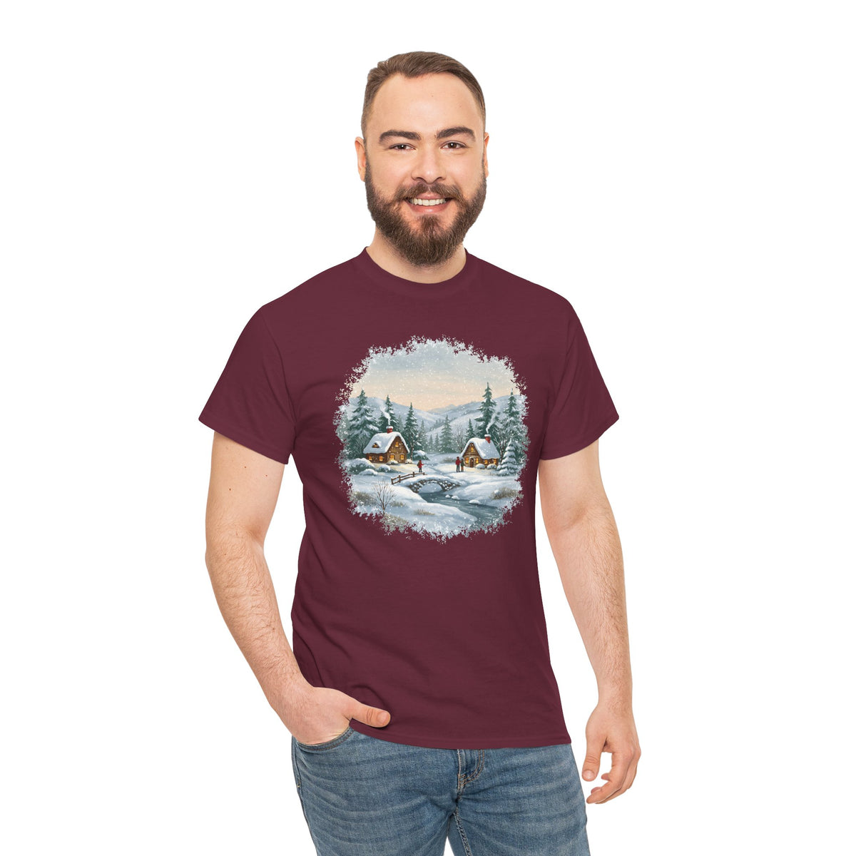 Model wearing the maroon Winter Wonderland Snowy Cabin T-Shirt