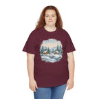 Model wearing the maroon Winter Wonderland Snowy Cabin T-Shirt