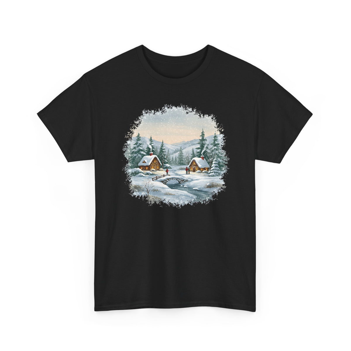 Black Winter Wonderland t-shirt with a watercolor snowy cabin scene, pine trees and a frozen creek, front view