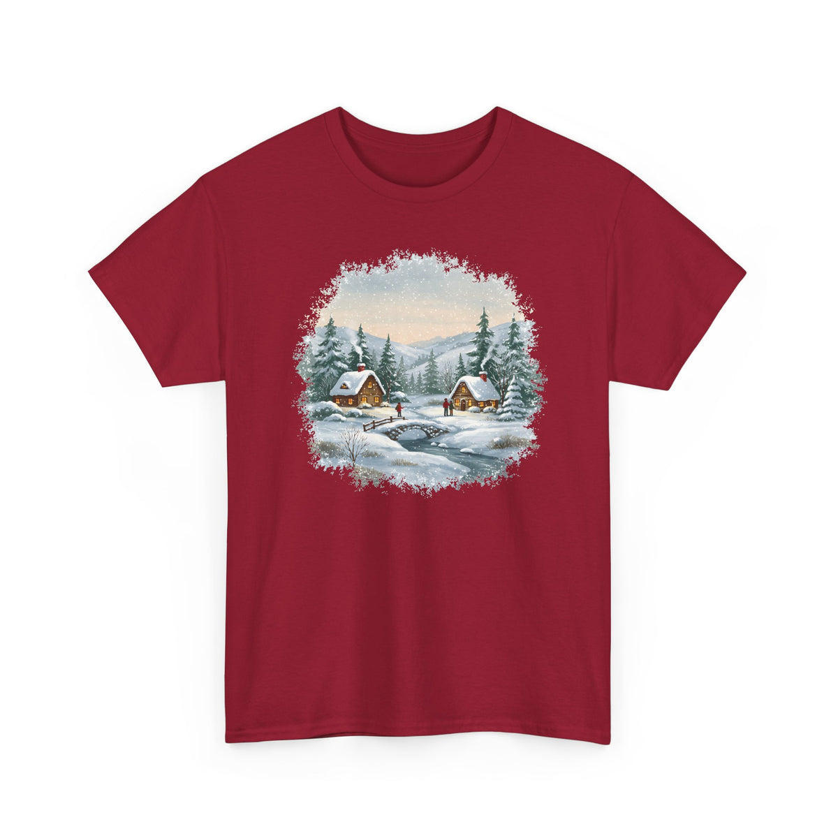 Cardinal Red Winter Wonderland t-shirt with a watercolor snowy cabin scene, pine trees and a frozen creek, front view