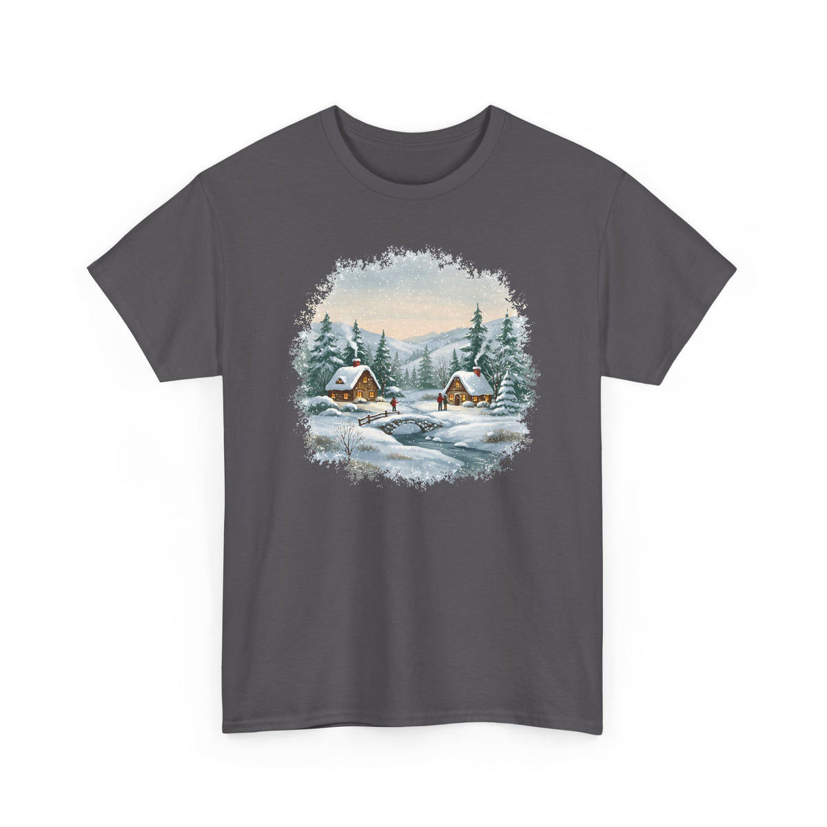 Charcoal Winter Wonderland t-shirt with a watercolor snowy cabin scene, pine trees and a frozen creek, front view