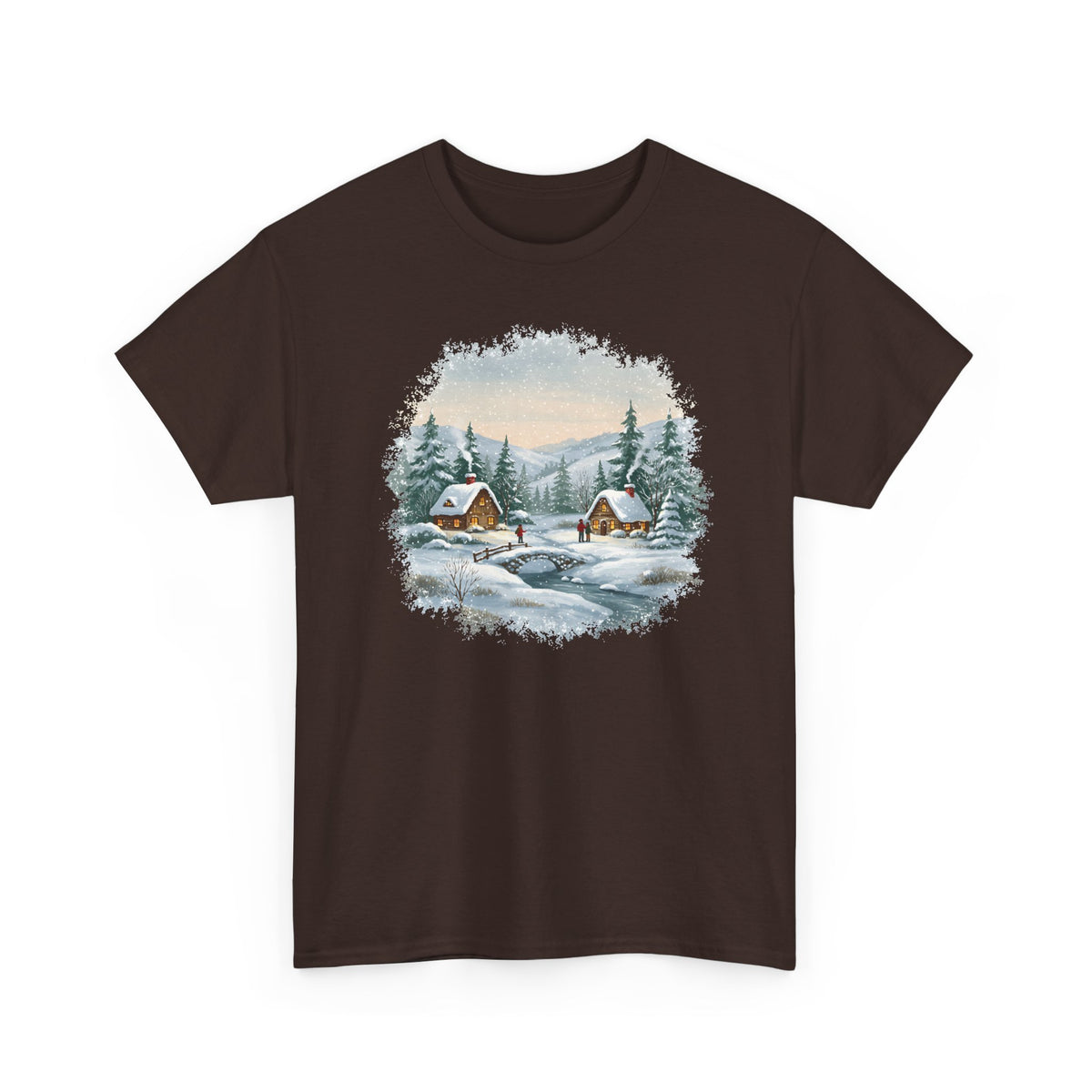 Dark Chocolate Winter Wonderland t-shirt with a watercolor snowy cabin scene, pine trees and a frozen creek, front view