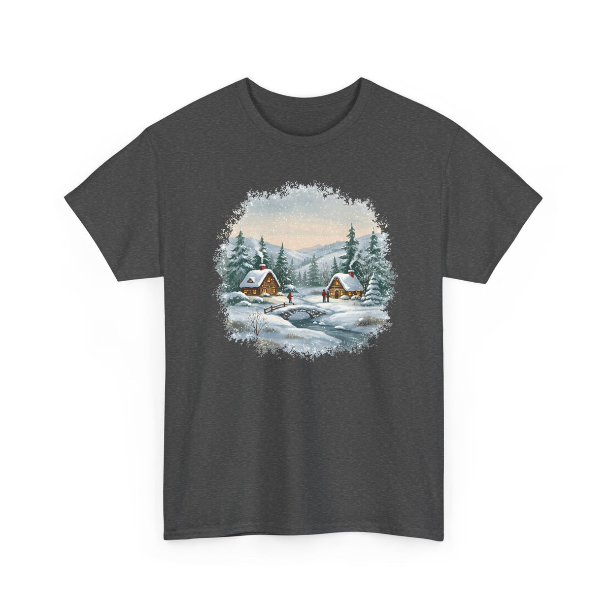 Dark Heather Winter Wonderland t-shirt with a watercolor snowy cabin scene, pine trees and a frozen creek, front view
