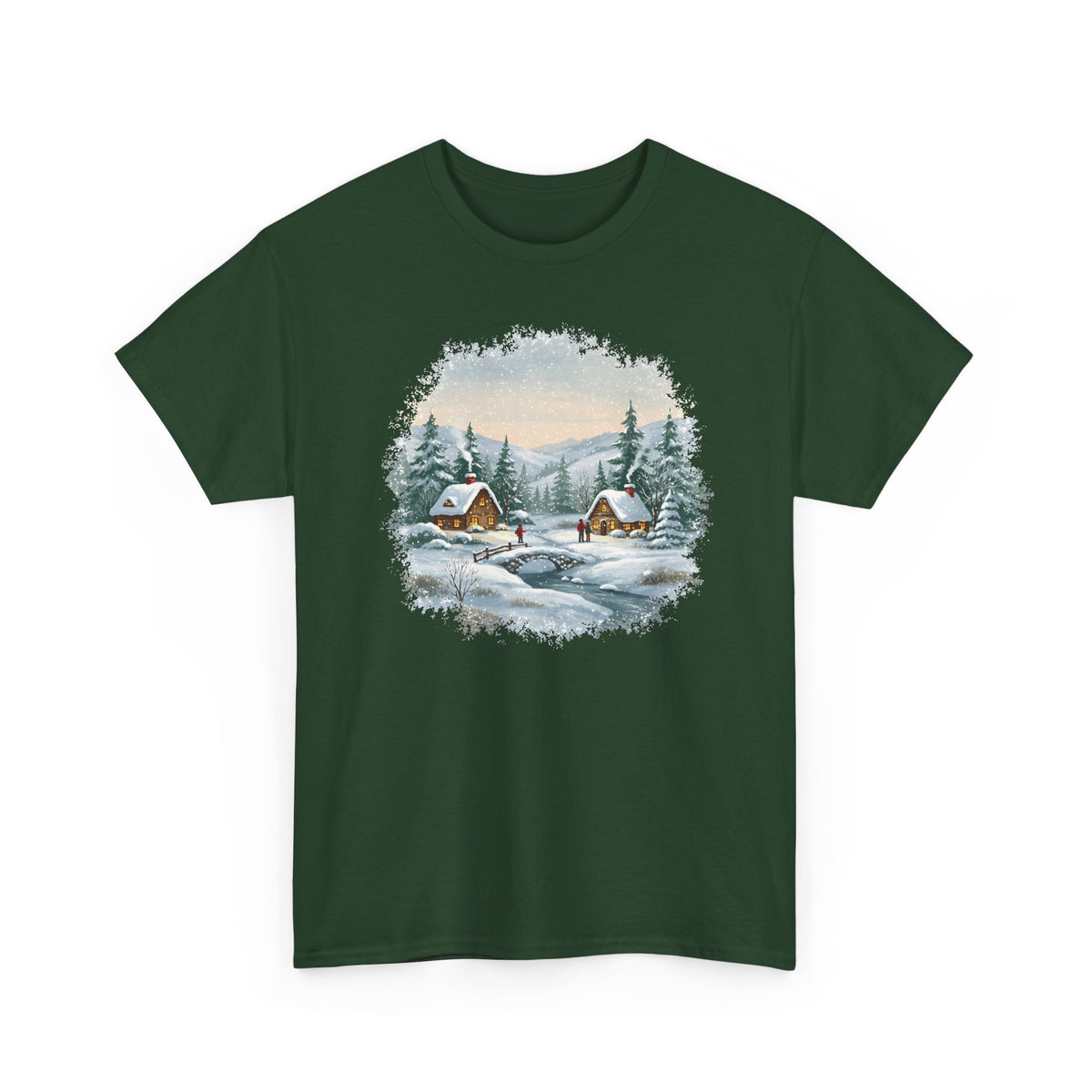 Forest Green Winter Wonderland t-shirt with a watercolor snowy cabin scene, pine trees and a frozen creek, front view