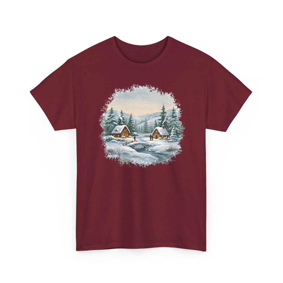 Garnet Winter Wonderland t-shirt with a watercolor snowy cabin scene, pine trees and a frozen creek, front view