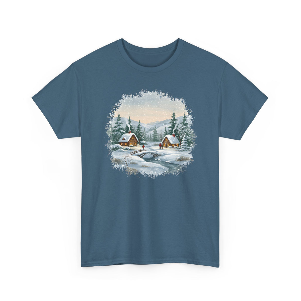 Indigo Blue Winter Wonderland t-shirt with a watercolor snowy cabin scene, pine trees and a frozen creek, front view